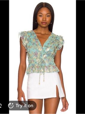 karina grimaldi raffa print top in aqualina